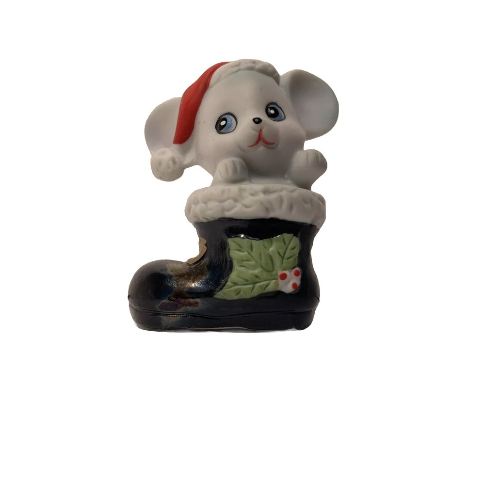 Vintage Homco Mouse Christmas Boot Santa Hat Holly Figurine 8903 Holiday Decor